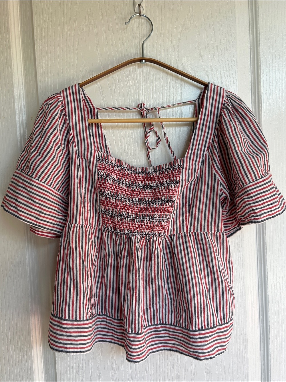 Old Navy Red, White, & Blue Striped Smocked Peplum Blouse